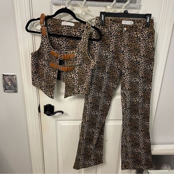 Leopard Print Matching Vest + Boot Cut Pants Set Western - Picture 1 of 16